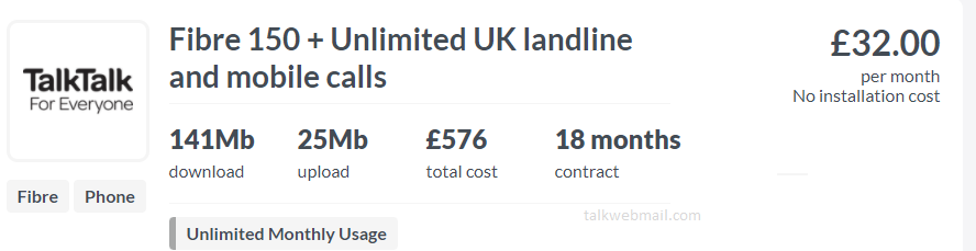 Fibre 150 Unlimited UK landline talktalk broadband deals