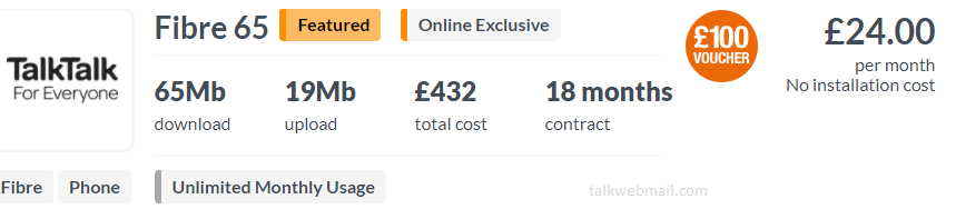 Fibre 65 Featured Online Exclusive TalkTalk Broadband Deals