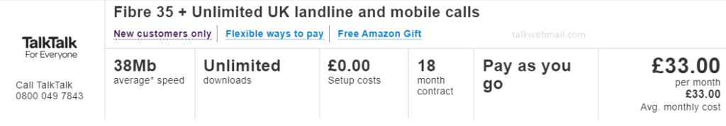 fibre 35 + Unlimited UK Calls TalkTalk Broadband