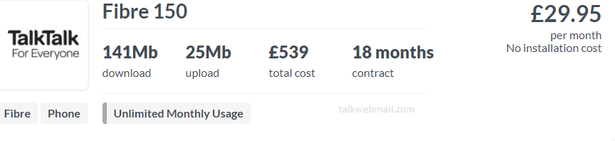 unlimited monthly usage Fibre 150 talktalk broadband deals